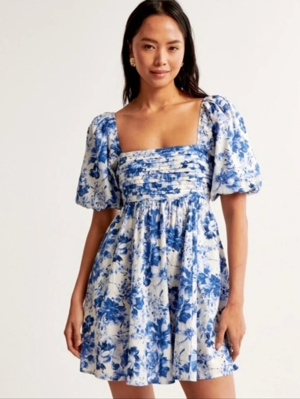 Abercrombie & Fitch Blue/White Floral Square Neck Smocked Mini Dress SP